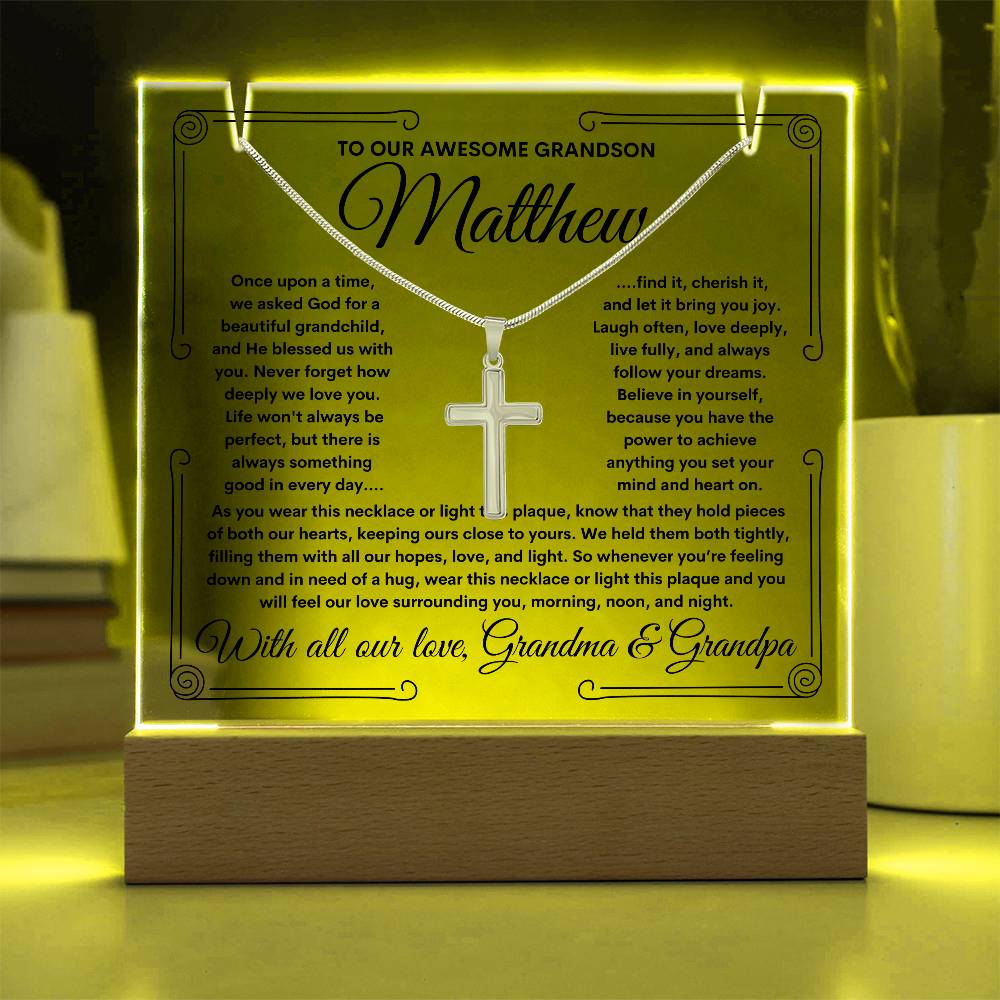 To Grandson From Grandma & Grandpa (or just Grandma or Grandpa) LED Lighted Keepsake Acrylic Plaque & Cross Necklace