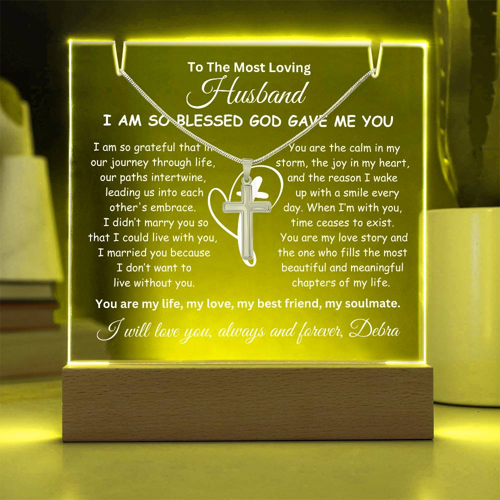 Husband Keepsake LED Lighted Acrylic Plaque With Cross Pendant Necklace