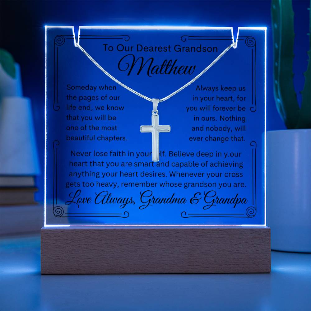 Grandson From Grandma or Grandpa or Both Keepsake Bundle Lighted Acrylic Plaque & Cross Pendant Necklace