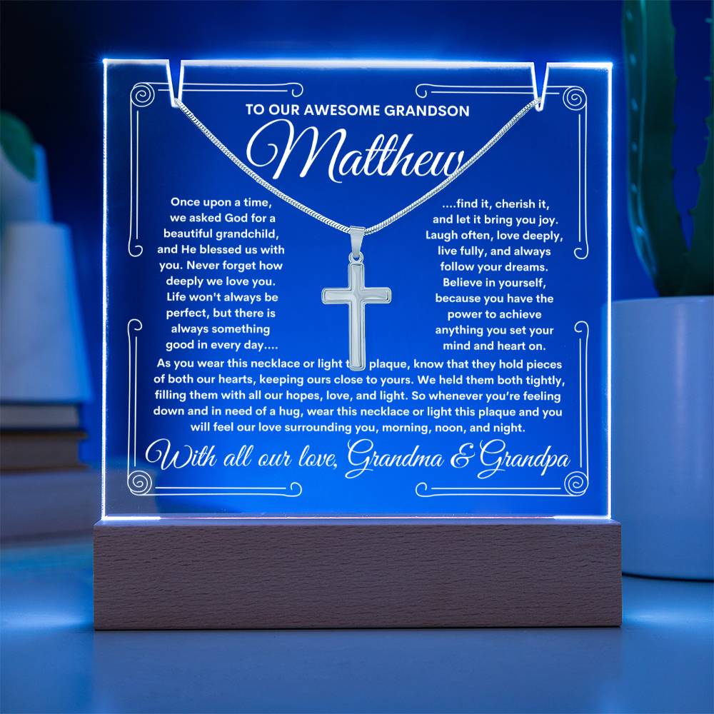 To Grandson From Grandma & Grandpa (or just Grandma or Grandpa) LED Lighted Keepsake Acrylic Plaque & Cross Necklace