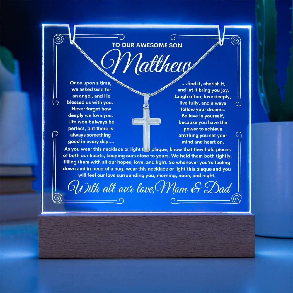 To Son From Mom & Dad (or just Mom or Dad) LED Lighted Keepsake Acrylic Plaque & Cross Necklace