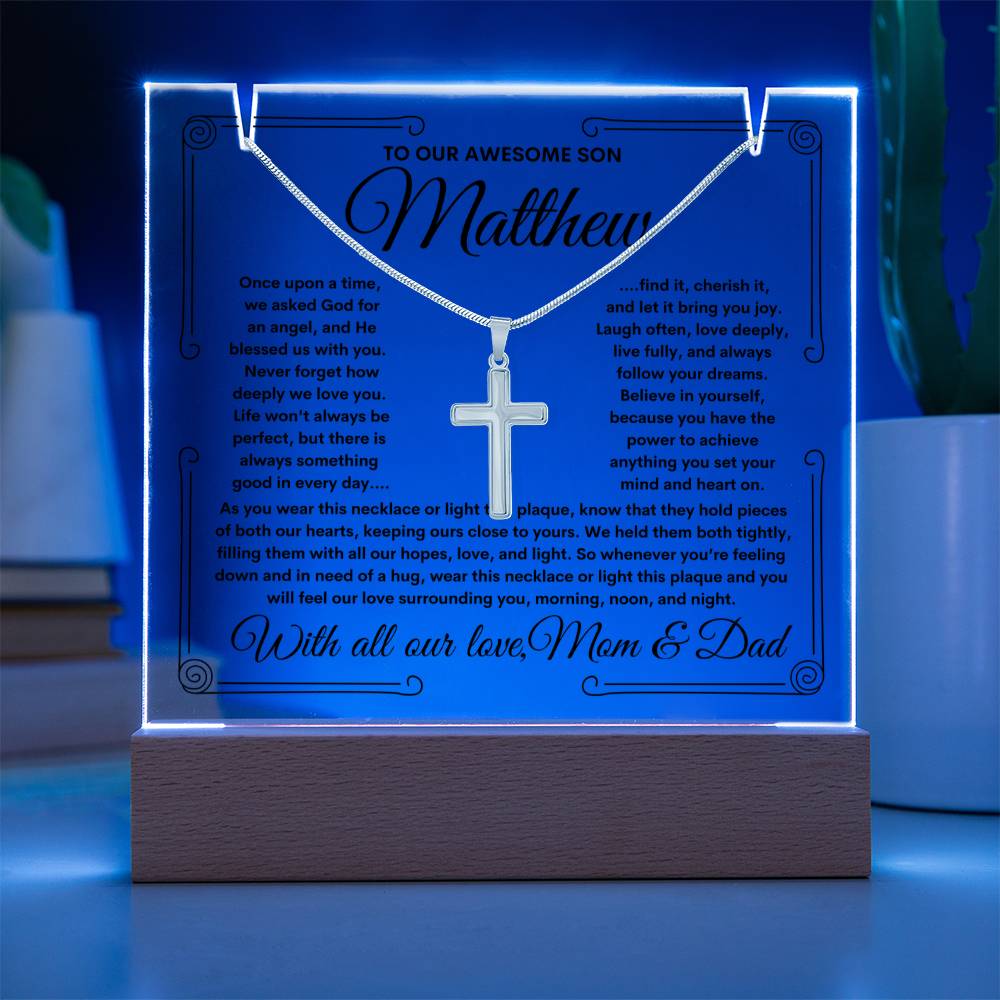 To Son From Mom & Dad (or just Mom or Dad) LED Lighted Keepsake Acrylic Plaque & Cross Necklace