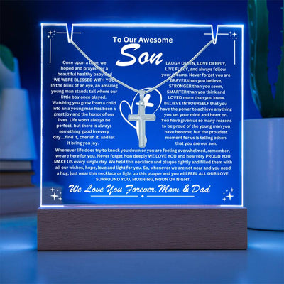 Son From Mom & Dad (or just Mom or Dad) Keepsake LED Lighted Acrylic Plaque & Cross Pendant Necklace