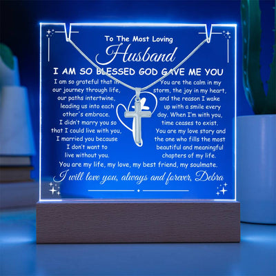 Husband Keepsake LED Lighted Acrylic Plaque & Cross Pendant Necklace