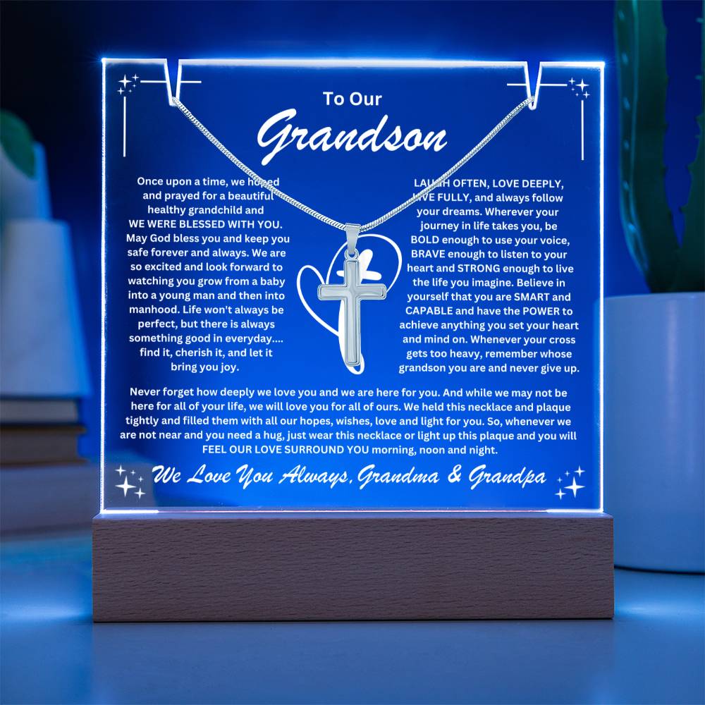 Grandson  From Grandma & Grandpa (or just Grandma or Grandpa) Keepsake LED Lighted Acrylic Plaque & Cross Pendant Necklace