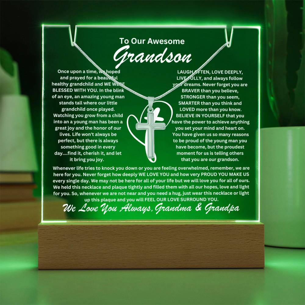 Grandson  From Grandma & Grandpa (or just Grandma or Grandpa) Keepsake LED Lighted Acrylic Plaque & Cross Pendant Necklace