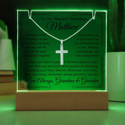 Grandson From Grandma or Grandpa or Both Keepsake Bundle Lighted Acrylic Plaque & Cross Pendant Necklace