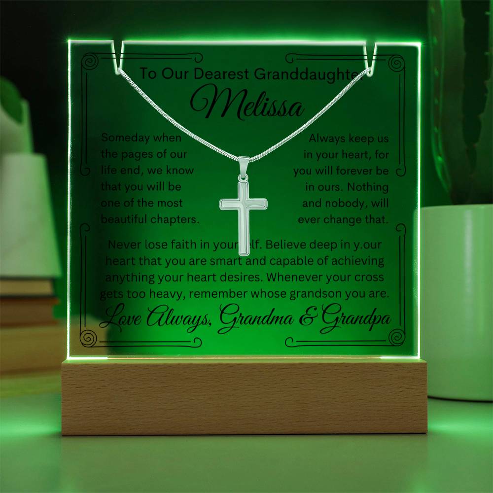 Granddaughter From Grandma or Grandpa or Both Keepsake Bundle Lighted Acrylic Plaque & Cross Pendant Necklace