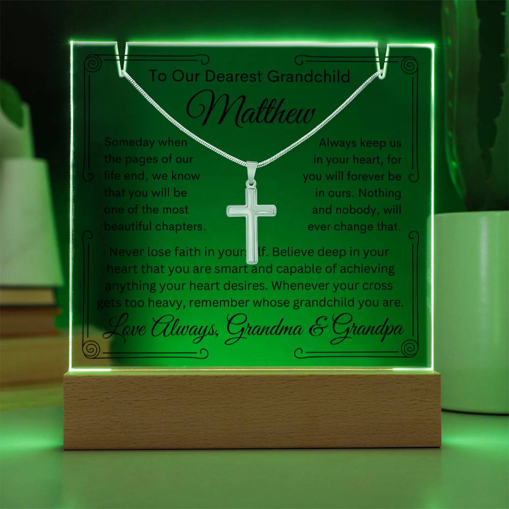 To Grandchild From Grandma or Grandpa or Both Lighted Acrylic Plaque With Cross Necklace