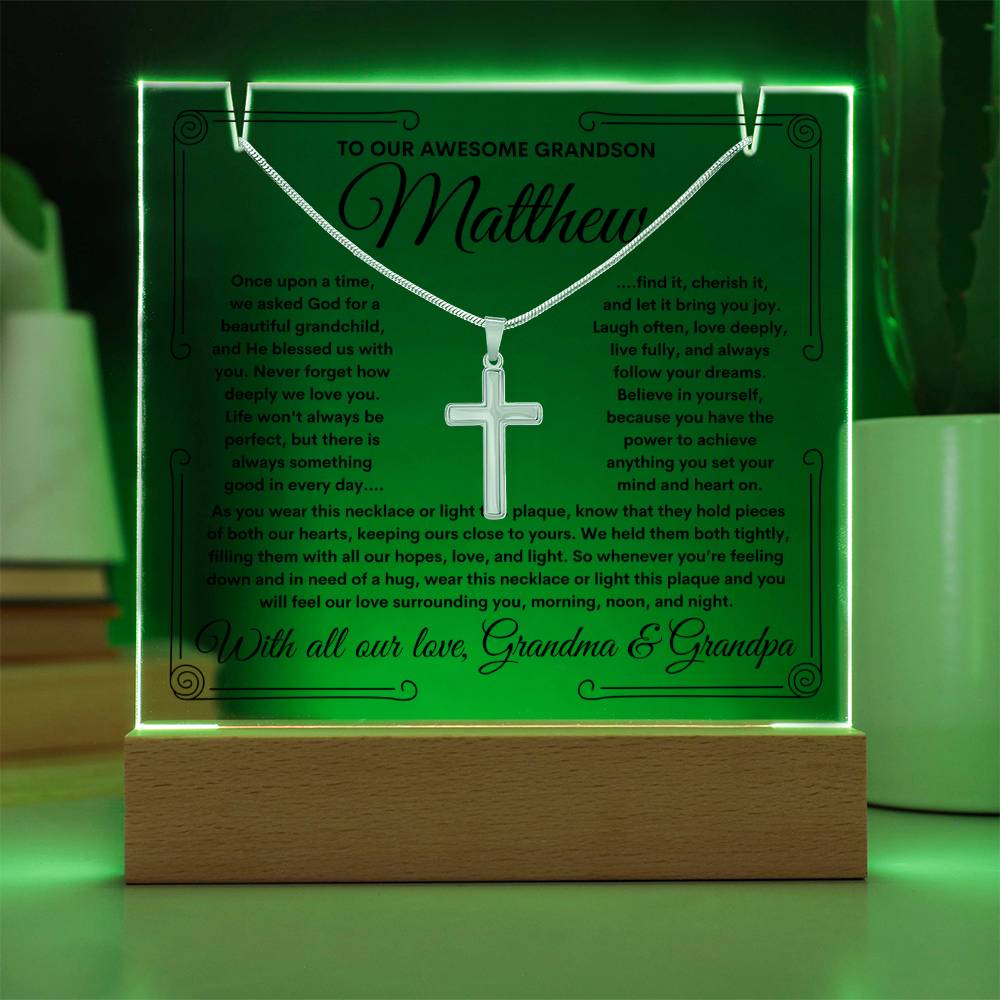 To Grandson From Grandma & Grandpa (or just Grandma or Grandpa) LED Lighted Keepsake Acrylic Plaque & Cross Necklace