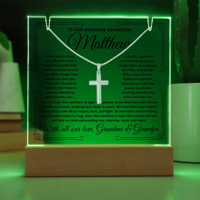 To Grandson From Grandma & Grandpa (or just Grandma or Grandpa) LED Lighted Keepsake Acrylic Plaque & Cross Necklace