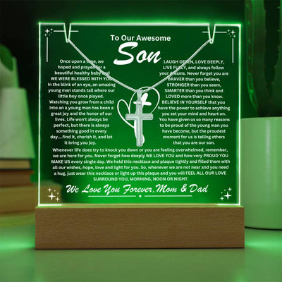 Son From Mom & Dad (or just Mom or Dad) Keepsake LED Lighted Acrylic Plaque & Cross Pendant Necklace