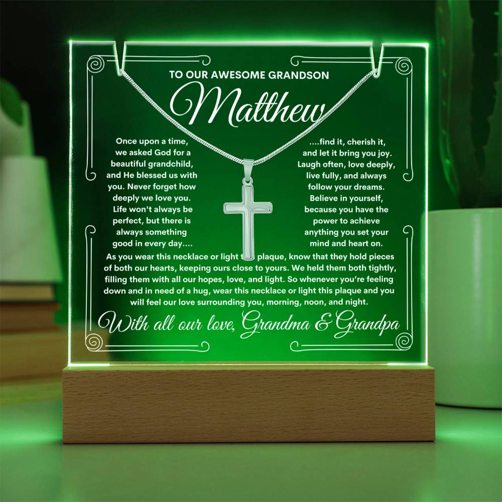 To Grandson From Grandma & Grandpa (or just Grandma or Grandpa) LED Lighted Keepsake Acrylic Plaque & Cross Necklace