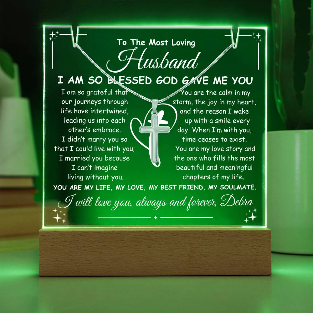 Husband Keepsake LED Lighted Acrylic Plaque & Cross Pendant Necklace