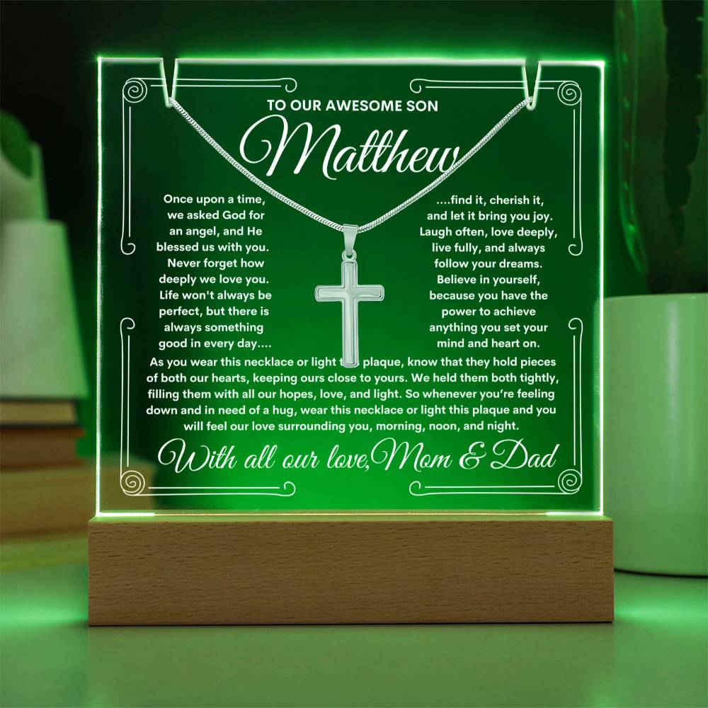 To Son From Mom & Dad (or just Mom or Dad) LED Lighted Keepsake Acrylic Plaque & Cross Necklace