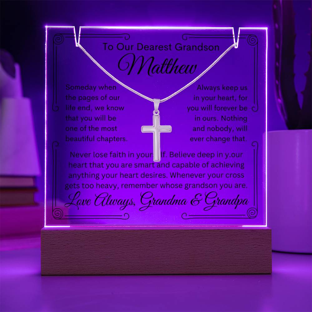 Grandson From Grandma or Grandpa or Both Keepsake Bundle Lighted Acrylic Plaque & Cross Pendant Necklace