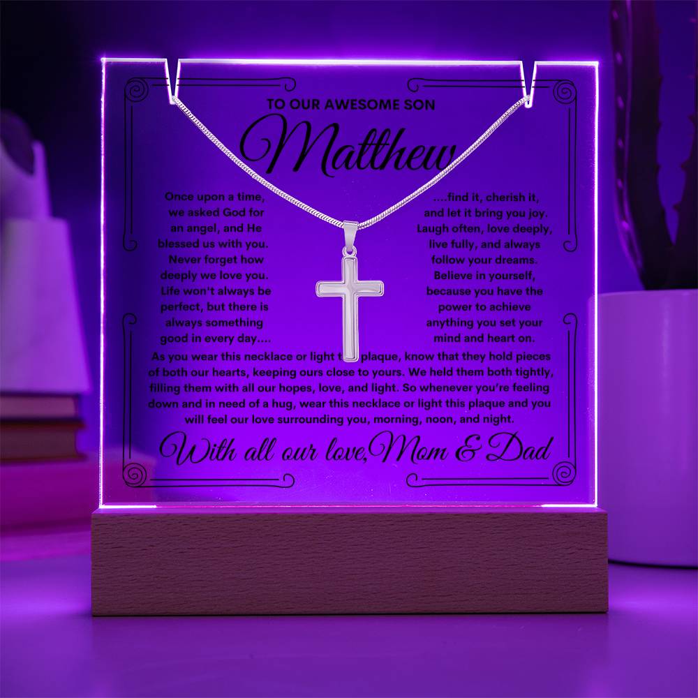 To Son From Mom & Dad (or just Mom or Dad) LED Lighted Keepsake Acrylic Plaque & Cross Necklace