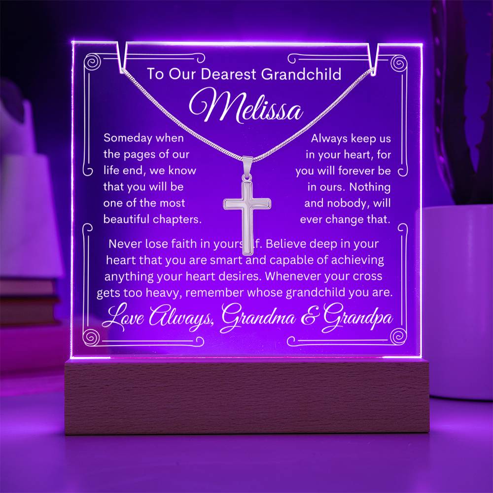 To Grandchild From Grandma or Grandpa or Both Lighted Acrylic Plaque With Cross Necklace