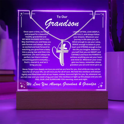 Grandson  From Grandma & Grandpa (or just Grandma or Grandpa) Keepsake LED Lighted Acrylic Plaque & Cross Pendant Necklace