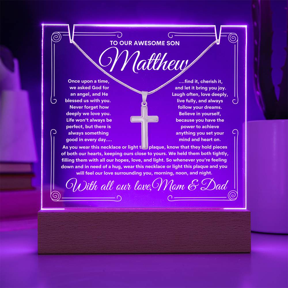 To Son From Mom & Dad (or just Mom or Dad) LED Lighted Keepsake Acrylic Plaque & Cross Necklace