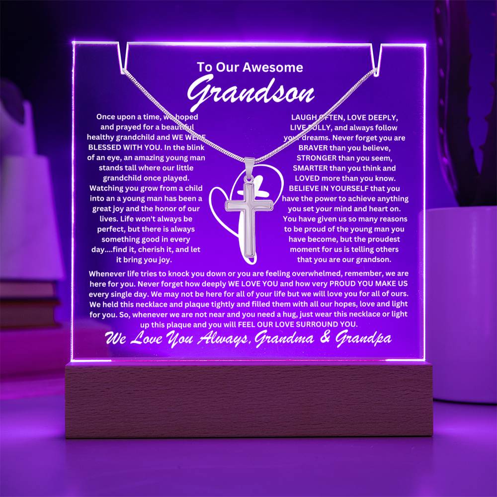 Grandson  From Grandma & Grandpa (or just Grandma or Grandpa) Keepsake LED Lighted Acrylic Plaque & Cross Pendant Necklace