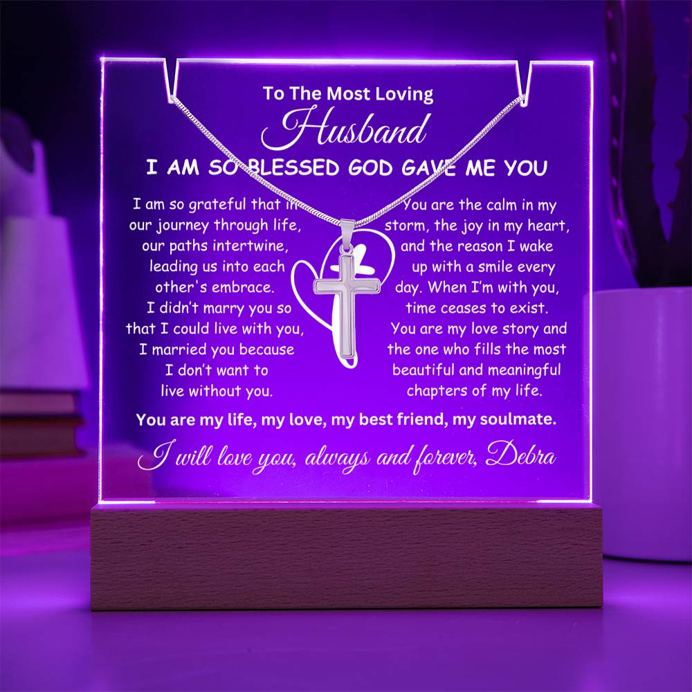 Husband Keepsake LED Lighted Acrylic Plaque With Cross Pendant Necklace