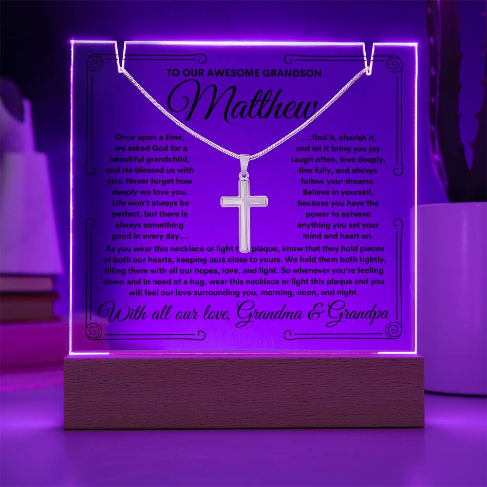 To Grandson From Grandma & Grandpa (or just Grandma or Grandpa) LED Lighted Keepsake Acrylic Plaque & Cross Necklace