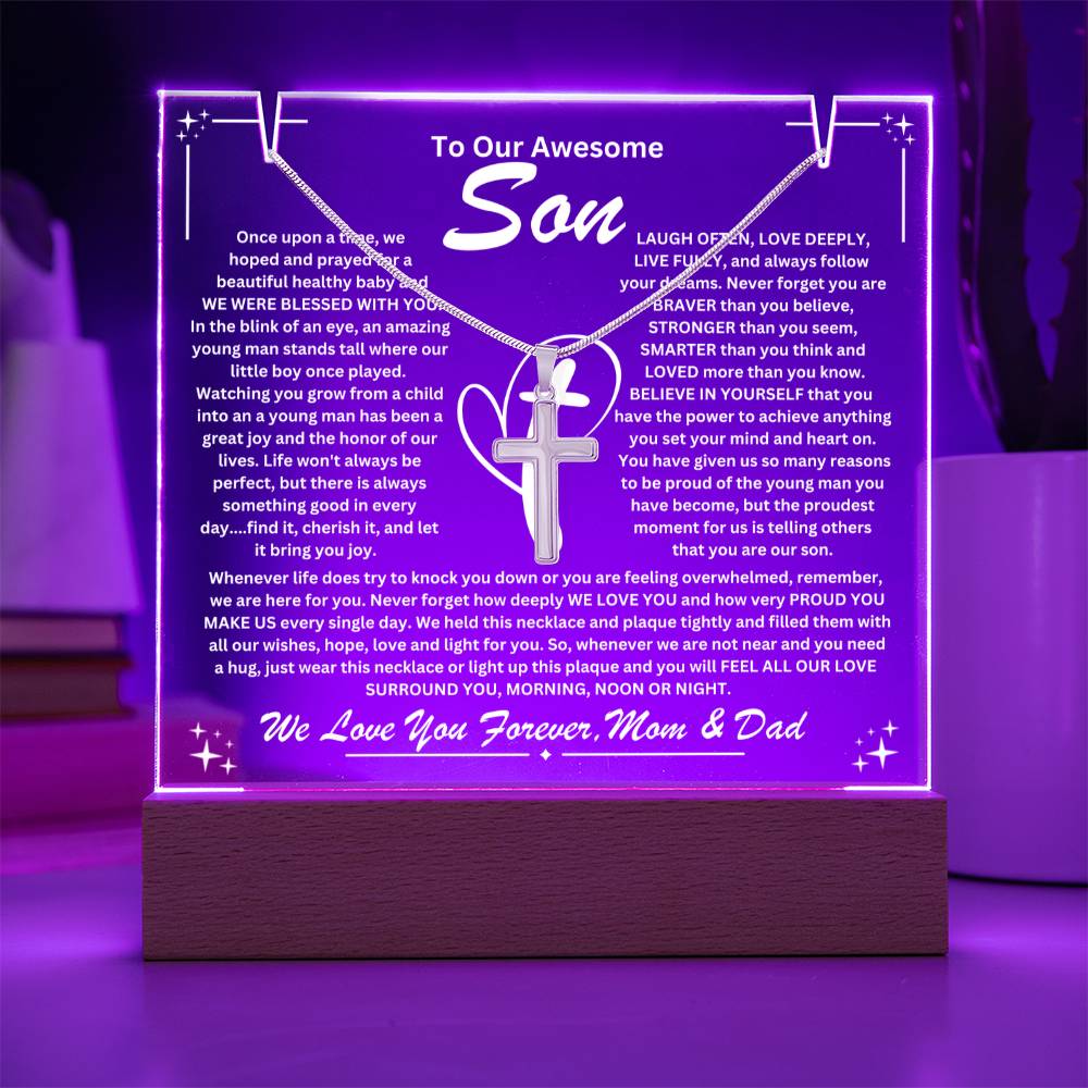 Son From Mom & Dad (or just Mom or Dad) Keepsake LED Lighted Acrylic Plaque & Cross Pendant Necklace