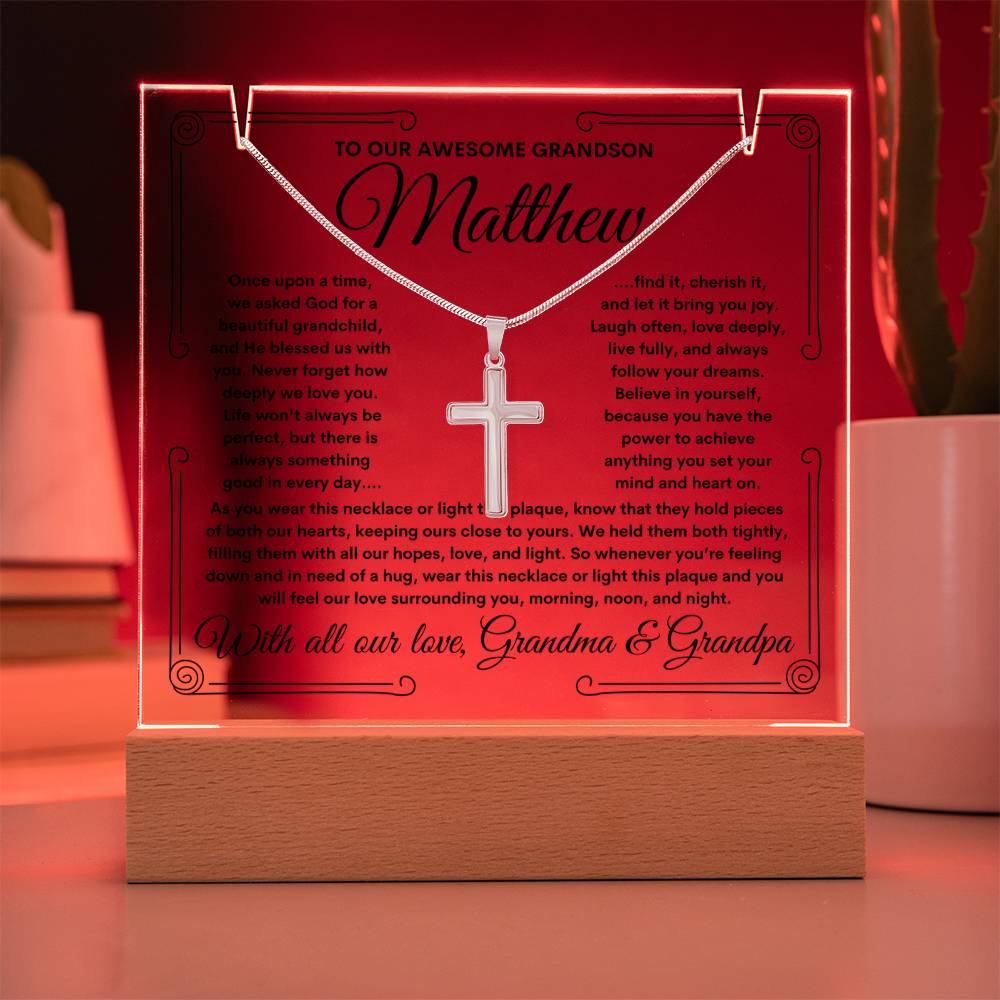 To Grandson From Grandma & Grandpa (or just Grandma or Grandpa) LED Lighted Keepsake Acrylic Plaque & Cross Necklace