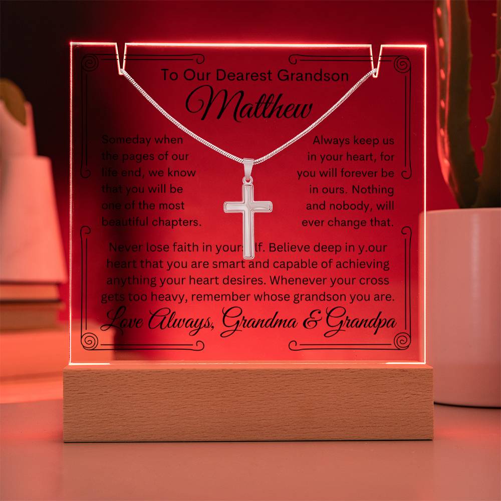 Grandson From Grandma or Grandpa or Both Keepsake Bundle Lighted Acrylic Plaque & Cross Pendant Necklace