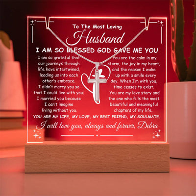 Husband Keepsake LED Lighted Acrylic Plaque & Cross Pendant Necklace