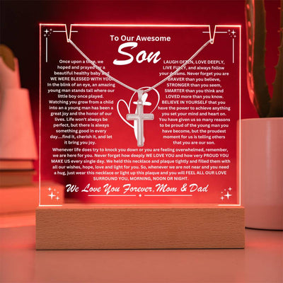 Son From Mom & Dad (or just Mom or Dad) Keepsake LED Lighted Acrylic Plaque & Cross Pendant Necklace