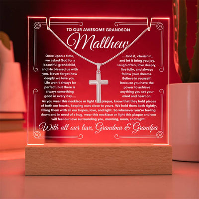 To Grandson From Grandma & Grandpa (or just Grandma or Grandpa) LED Lighted Keepsake Acrylic Plaque & Cross Necklace