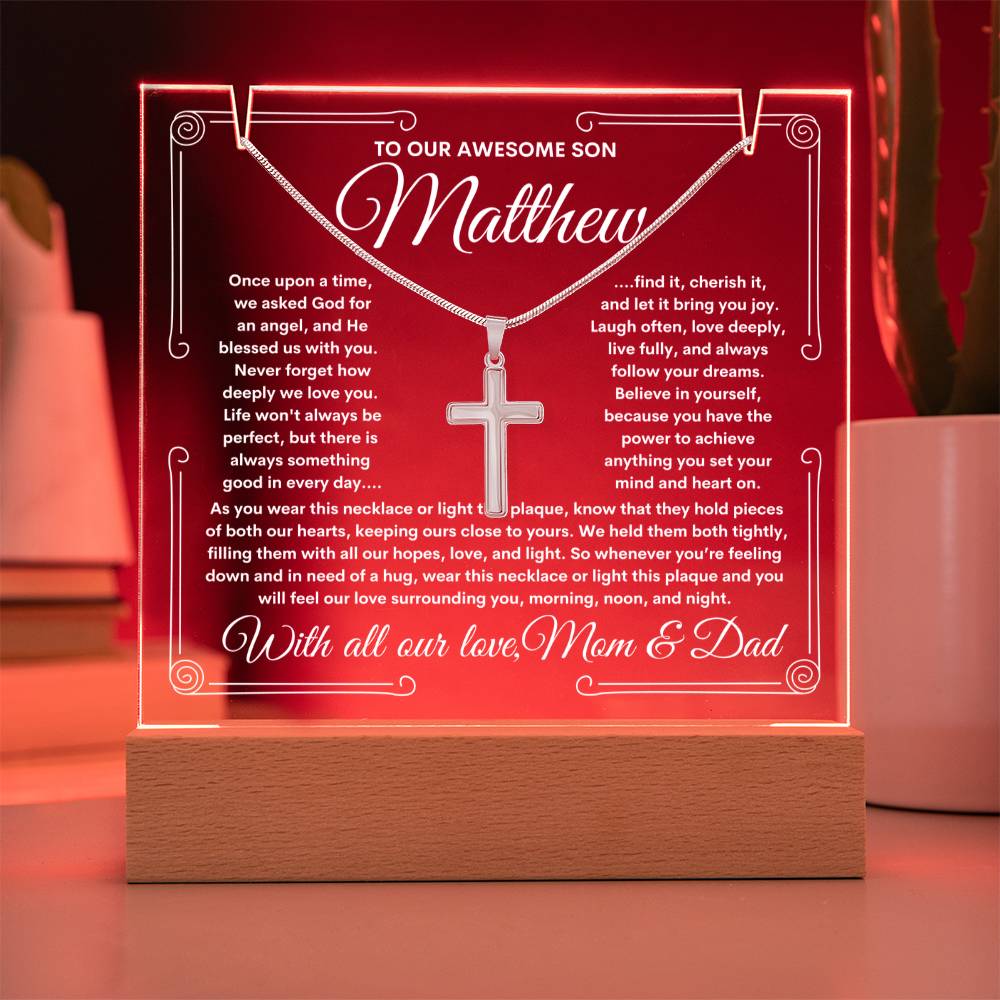 To Son From Mom & Dad (or just Mom or Dad) LED Lighted Keepsake Acrylic Plaque & Cross Necklace