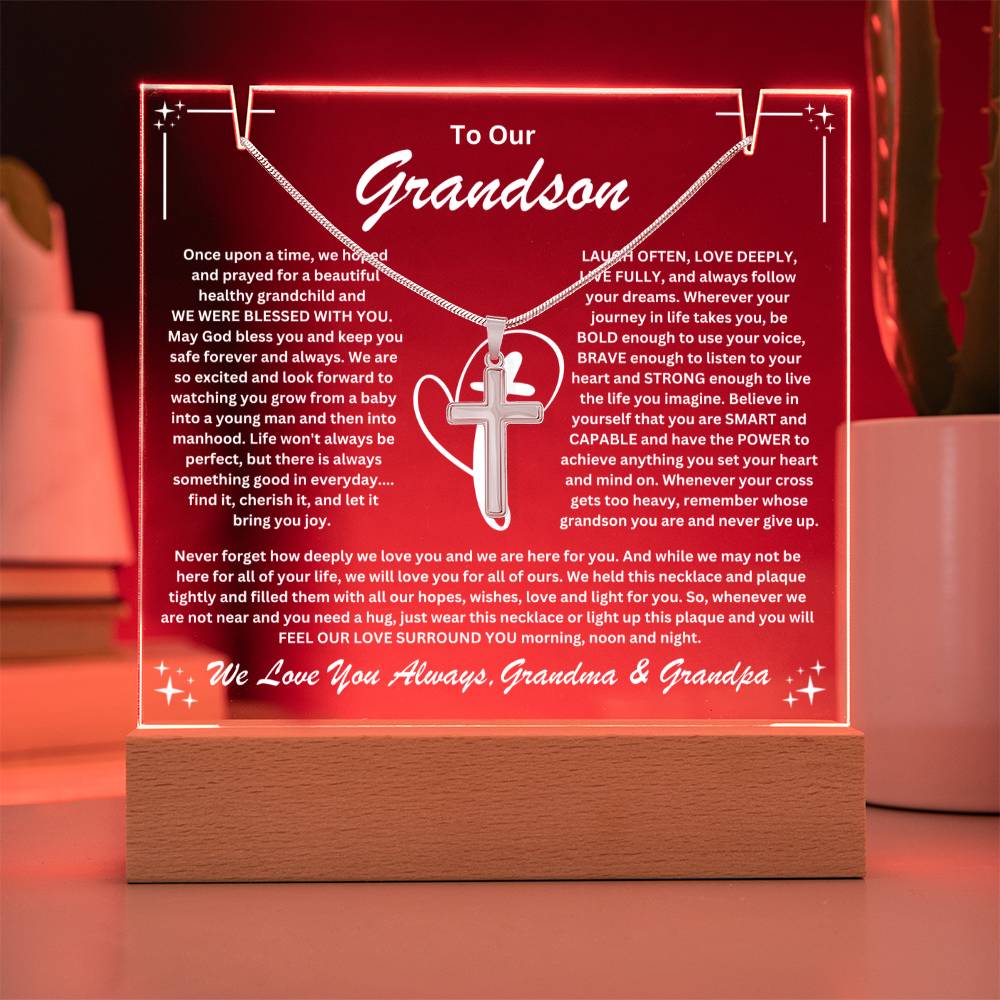 Grandson  From Grandma & Grandpa (or just Grandma or Grandpa) Keepsake LED Lighted Acrylic Plaque & Cross Pendant Necklace