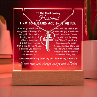 Husband Keepsake LED Lighted Acrylic Plaque With Cross Pendant Necklace