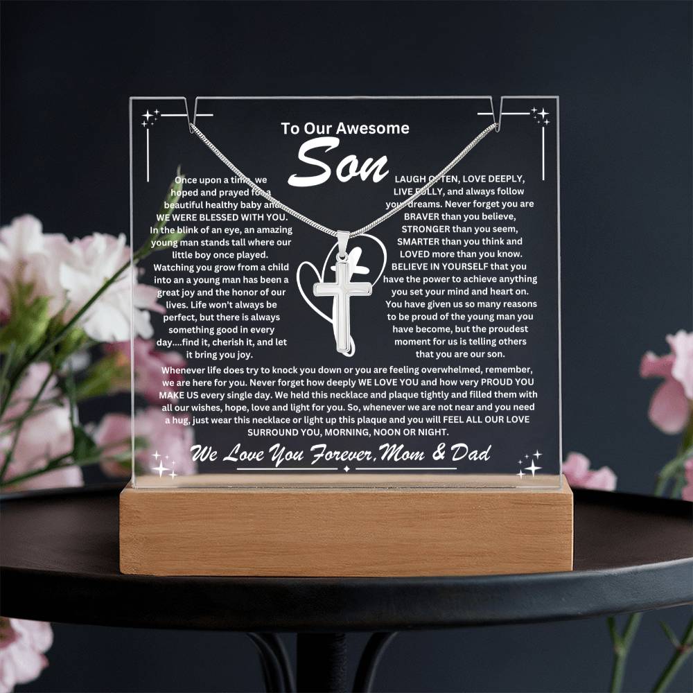 Son From Mom & Dad (or just Mom or Dad) Keepsake LED Lighted Acrylic Plaque & Cross Pendant Necklace