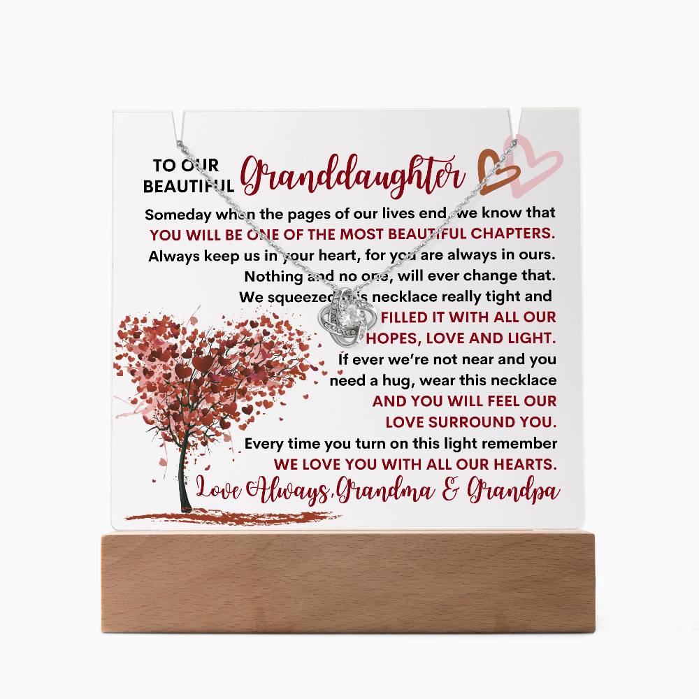 Granddaughter From Grandma & Grandpa (or just Grandma or Grandpa) Keepsake LED Lighted Acrylic Plaque And Love Knot Necklace