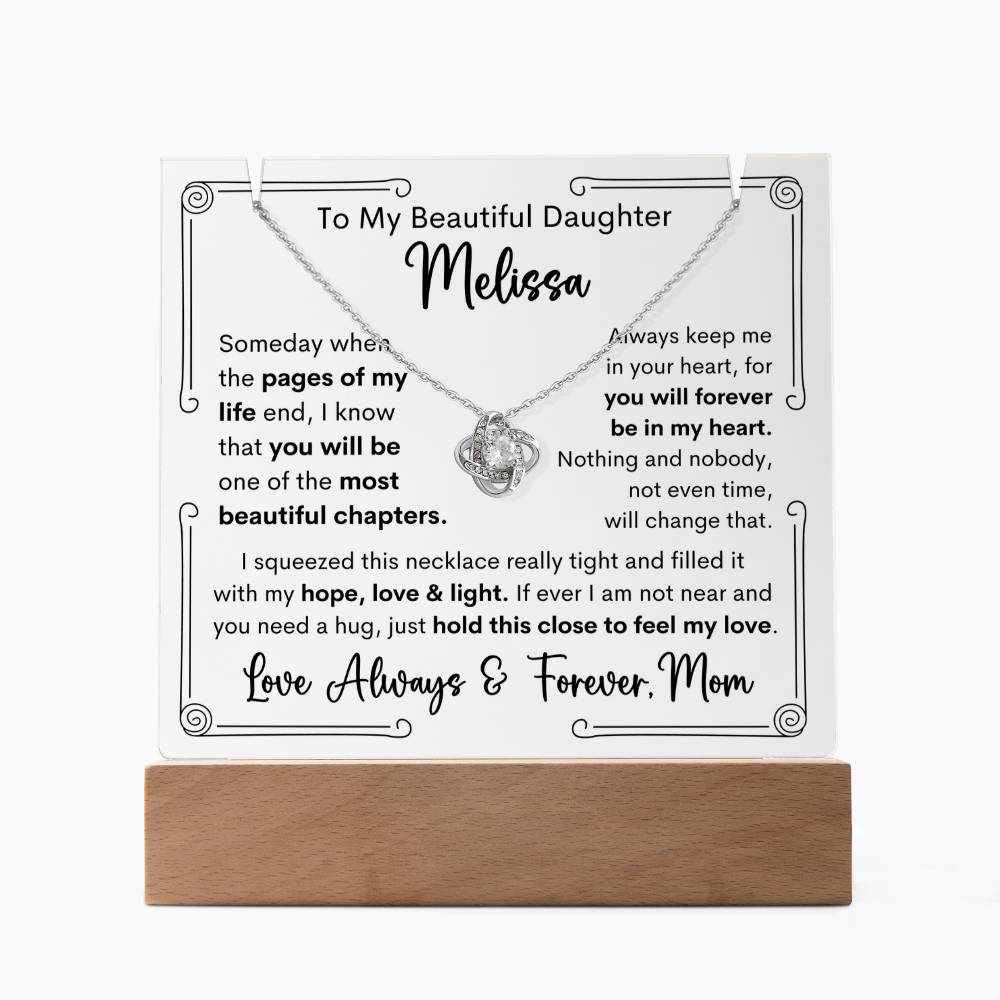 Personalized To Daughter From Mom or Dad or Both Keepsake Bundle Acrylic Plaque & Love Knot Pendant Necklace