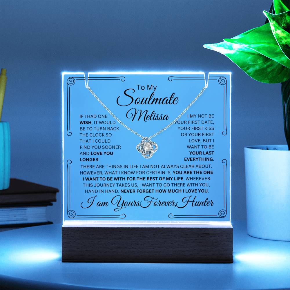 Personalized Soulmate Keepsake Bundle Lighted Acrylic Plaque With Love Knot Pendant Necklace