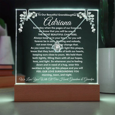 Granddaughter From Grandma & Grandpa (or just Grandma or Grandpa) Keepsake LED Lighted Acrylic Plaque And Love Knot Necklace