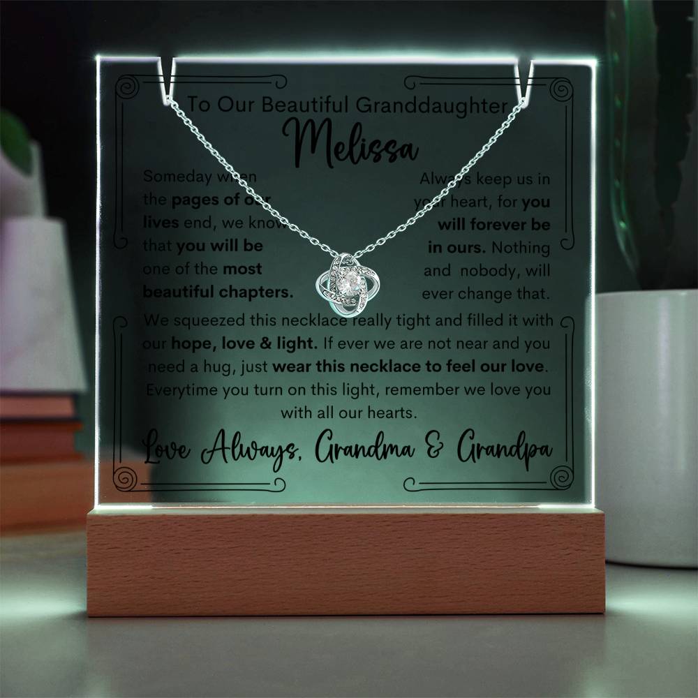 To Granddaughter From Grandma & Grandpa or Grandma or Grandpa Keepsake Lighted Acrylic Plaque With Love Knot Necklace