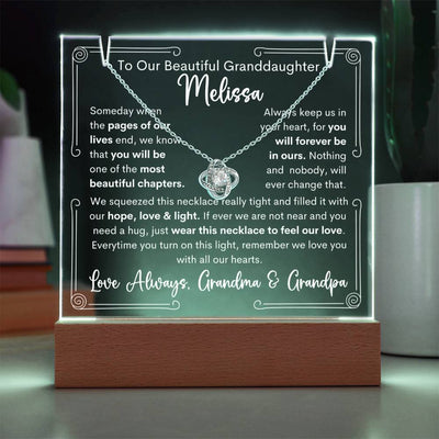 To Granddaughter From Grandma & Grandpa or Grandma or Grandpa Keepsake Lighted Acrylic Plaque With Love Knot Necklace