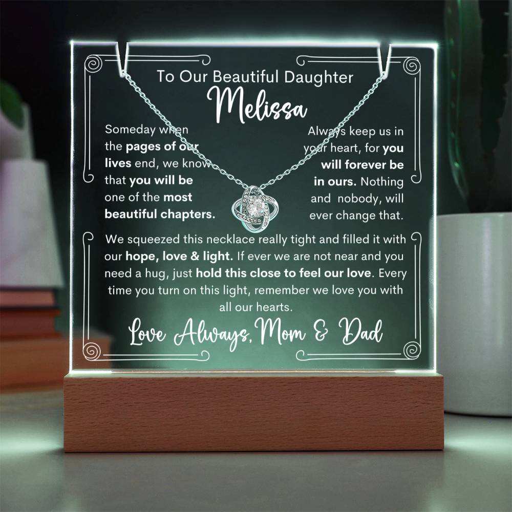 To Daughter From Mom & Dad or Mom or Dad Keepsake Lighted Acrylic Plaque With Love Knot Pendant Necklace