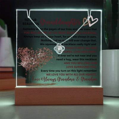 Granddaughter From Grandma & Grandpa (or just Grandma or Grandpa) Keepsake LED Lighted Acrylic Plaque And Love Knot Necklace