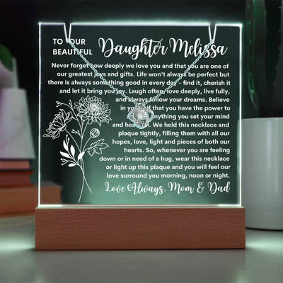 Daughter Keepsake LED Lighted Acrylic Birth Flower Plaque & Love Knot Necklace