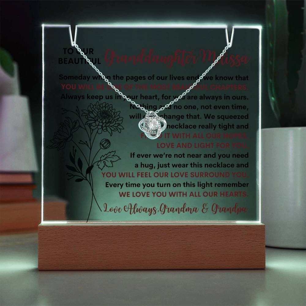 Granddaughter Birth Flower Keepsake LED Lighted Acrylic Plaque & Love Knot Necklace