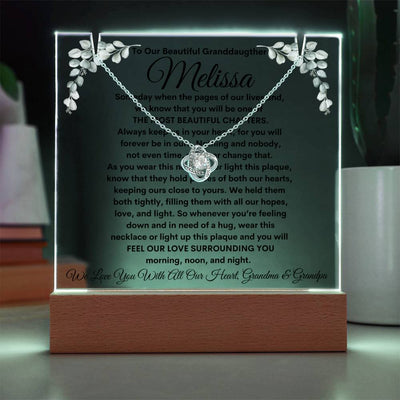 To Granddaughter From Grandma & Grandpa (or just Grandma or Grandpa) LED Lighted Keepsake Acrylic Plaque & Love Knot Necklace