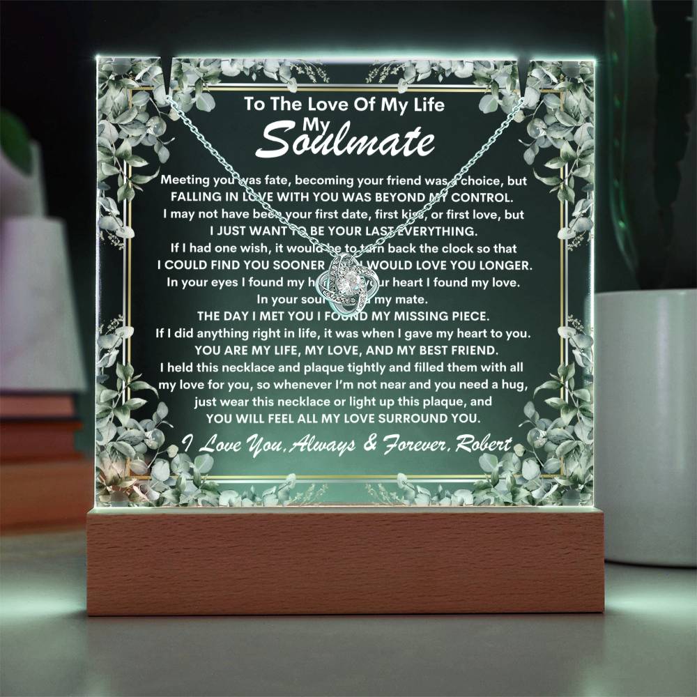 Soulmate Keepsake LED Lighted Acrylic Plaque With Love Knot Pendant Necklace