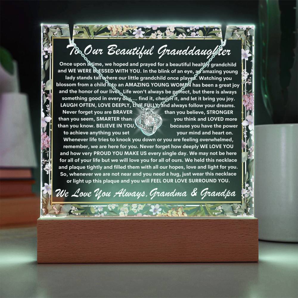 Granddaughter From Grandma & Grandpa (or just Grandma or Grandpa) Keepsake LED Lighted Acrylic Plaque & Love Knot Necklace